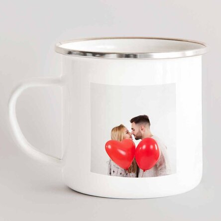 Enamelled metal mug with a photo and text