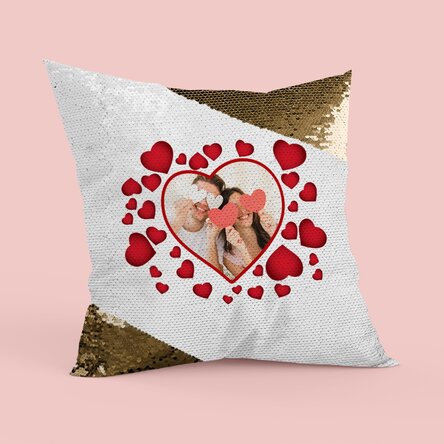 Personalised sequinned cushion with a photo and hearts