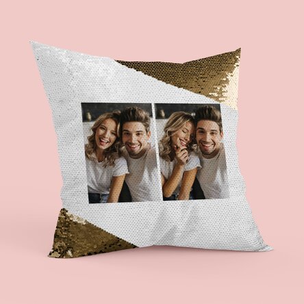 Personalised cushion with 2 portrait photos - Gold sequins