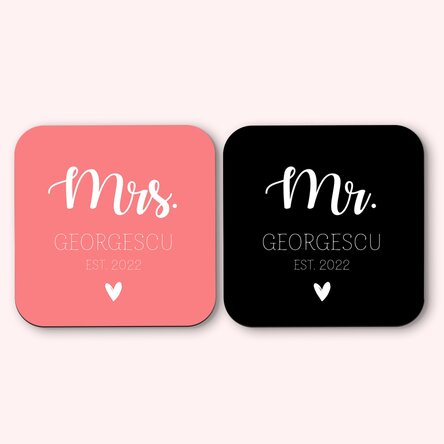Set of 2 personalised coasters with text - Mrs and Mr