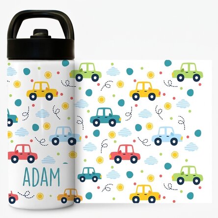 Thermos with handle and straw personalised with name - Cars