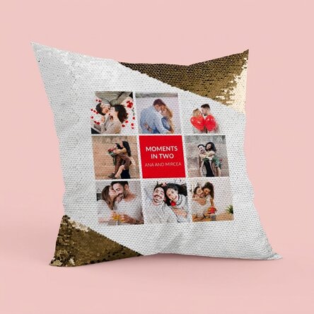 Personalised cushion with 8 photos and text - Gold Sequins