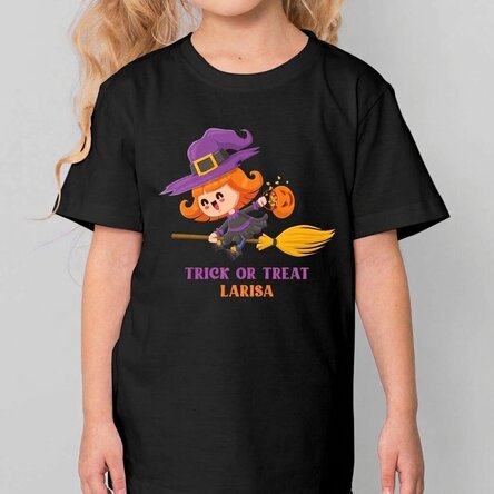 Children's cotton T-shirt with Halloween characters, personalised with text - Trick or Treat