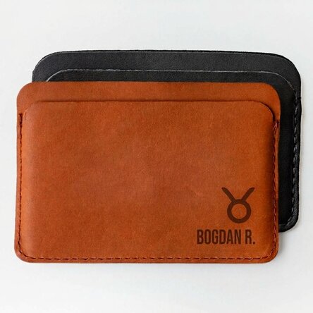 Personalised leather wallet with name and Taurus zodiac sign
