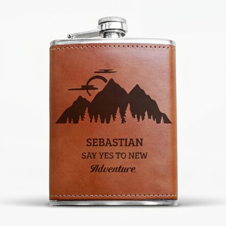 Personalised leather-covered pocket flask - Adventure time