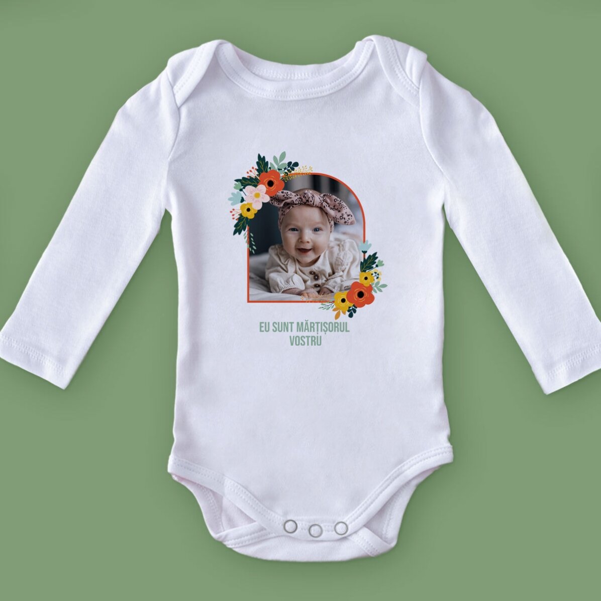 Personalised baby bodysuit with photo and text - Flowers