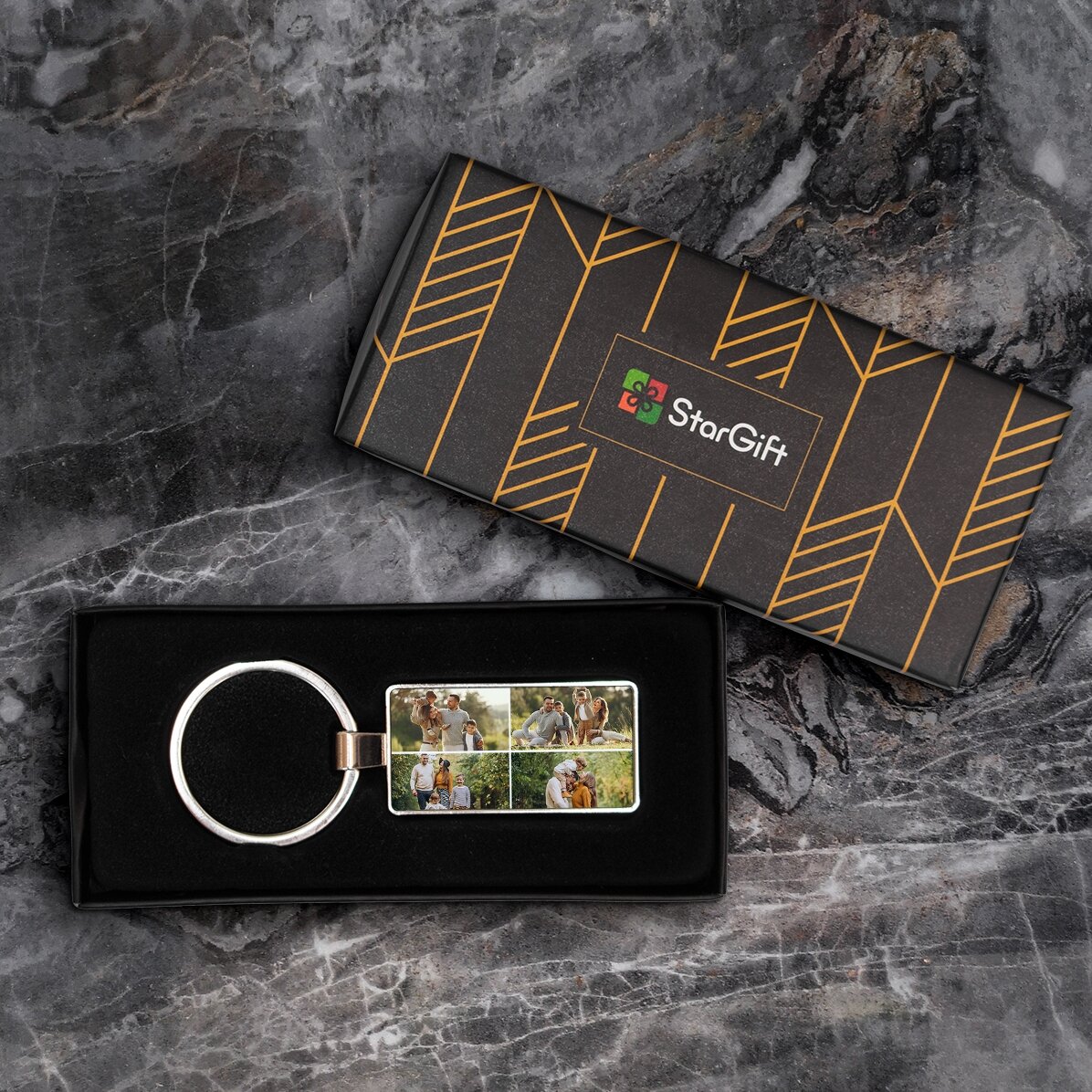 Personalised keyring with 4 photos and text