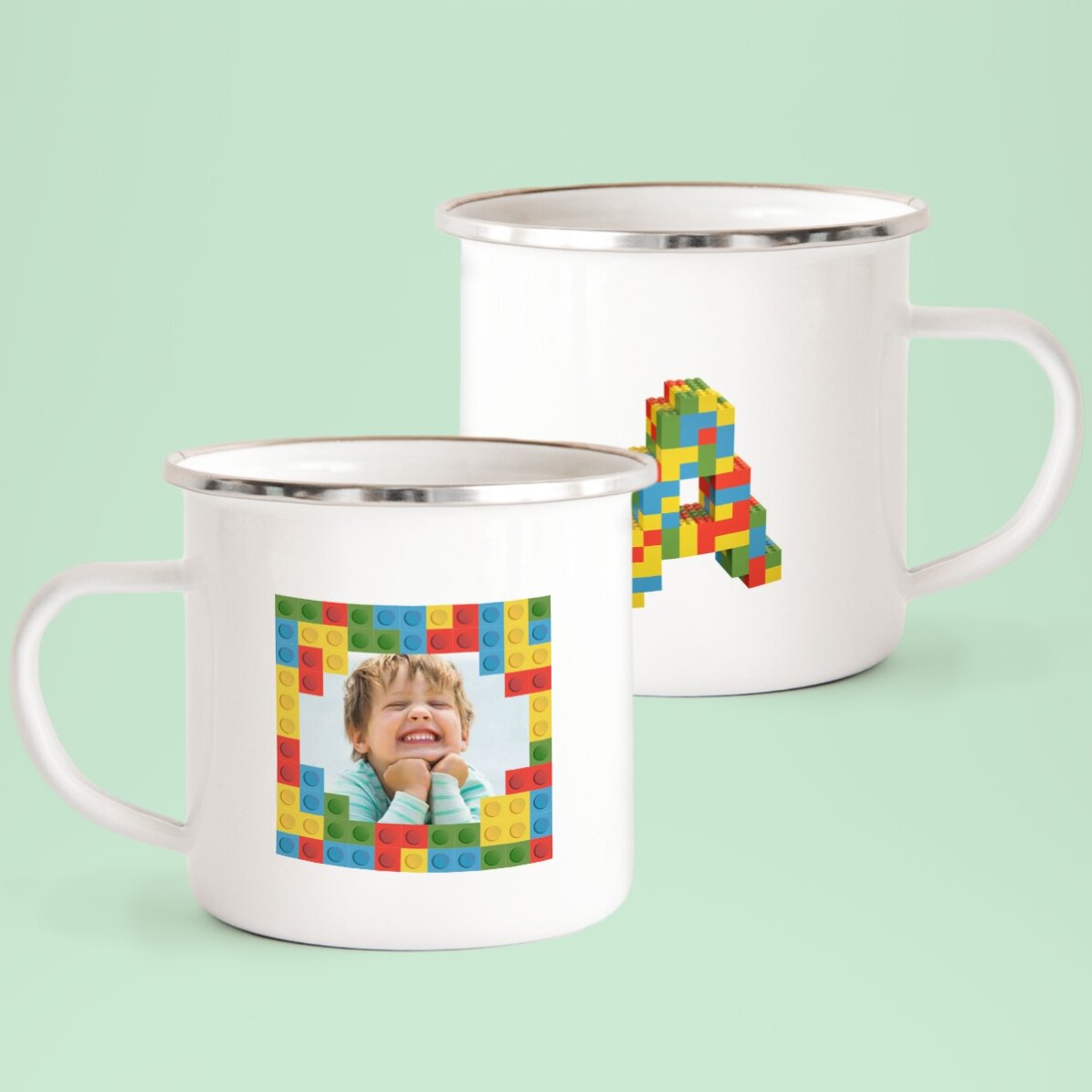 Personalised enamel mug with a photo and initial - Lego