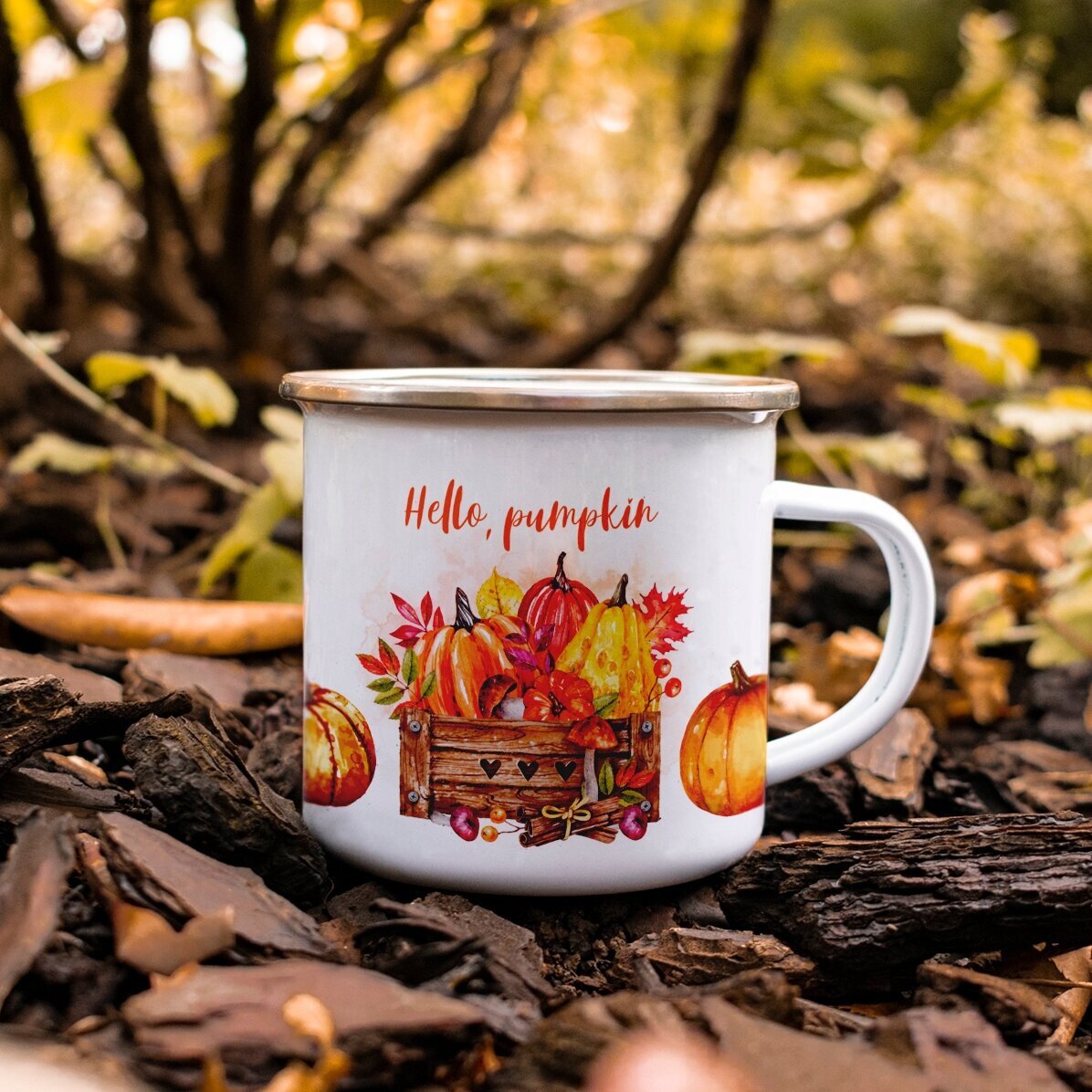 Μεταλλικό εμαγιέ κύπελλο με τη φράση «Hello, pumpkin»