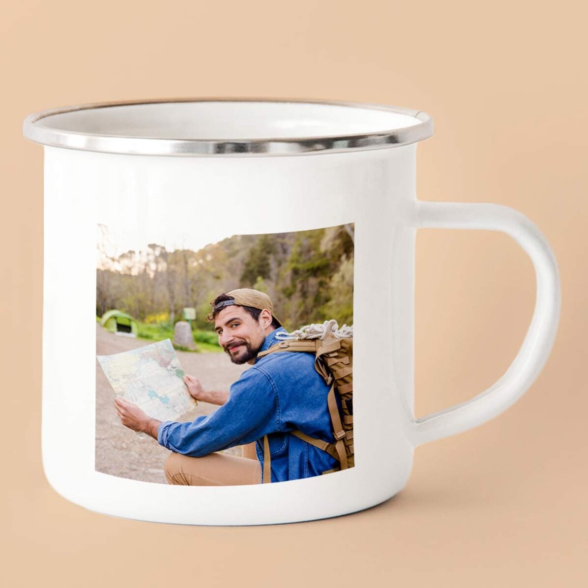 Personalised enamel metal mug with 2 photos