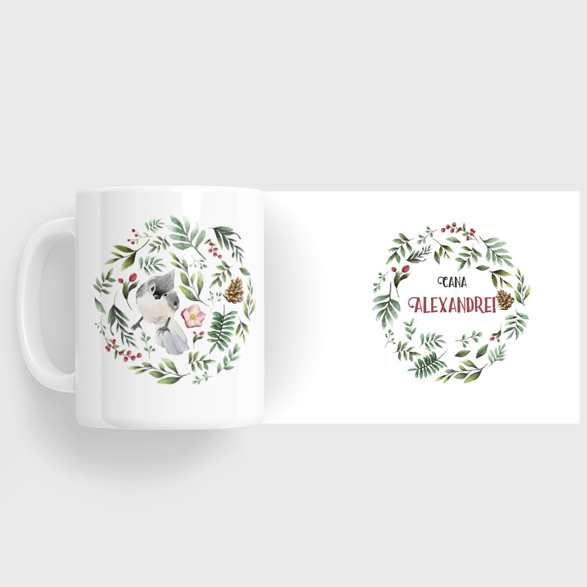 Personalised mug with bird for her - Christmas design
