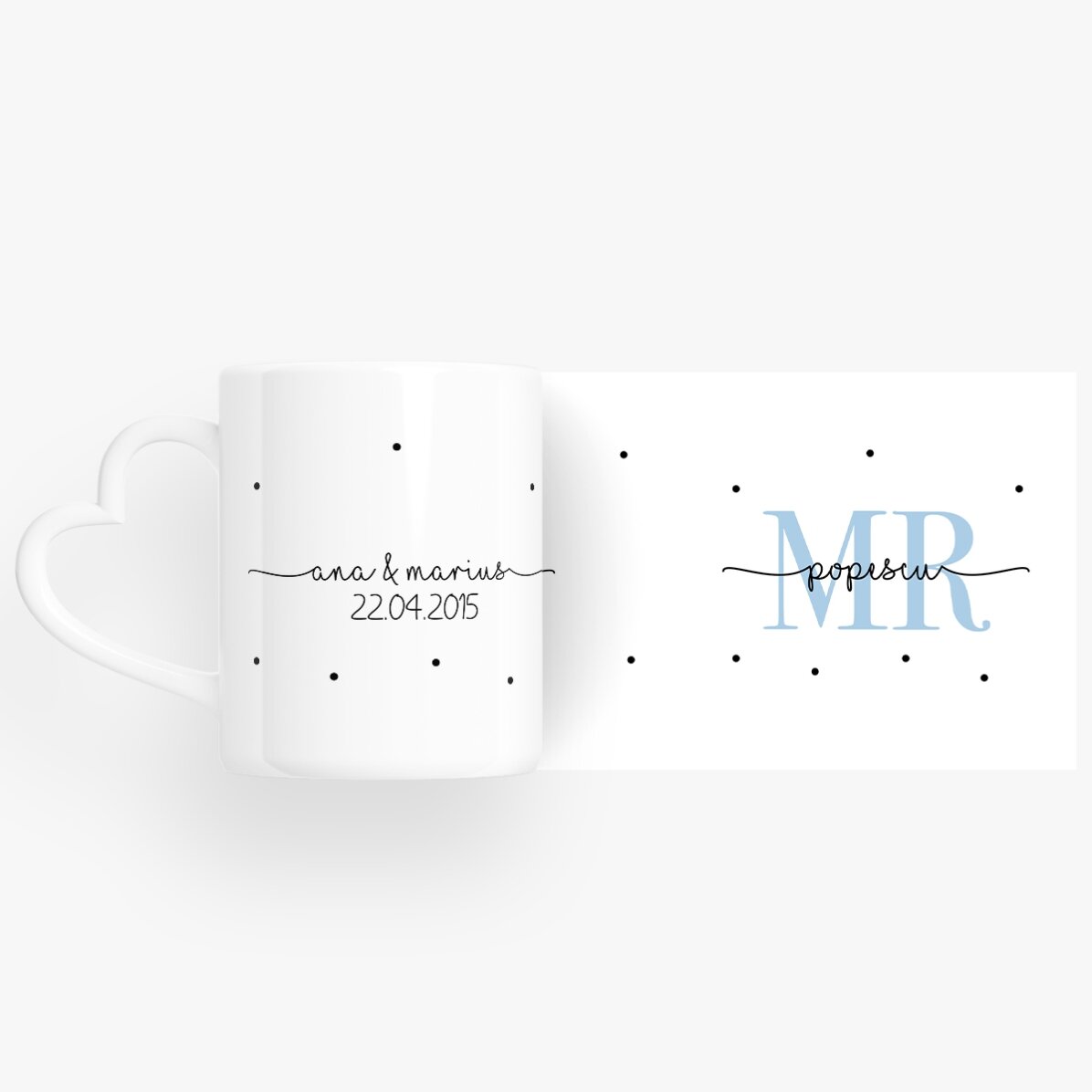 Personalised mugs for couples with text and date - MRS & MR - heart-shaped handle model
