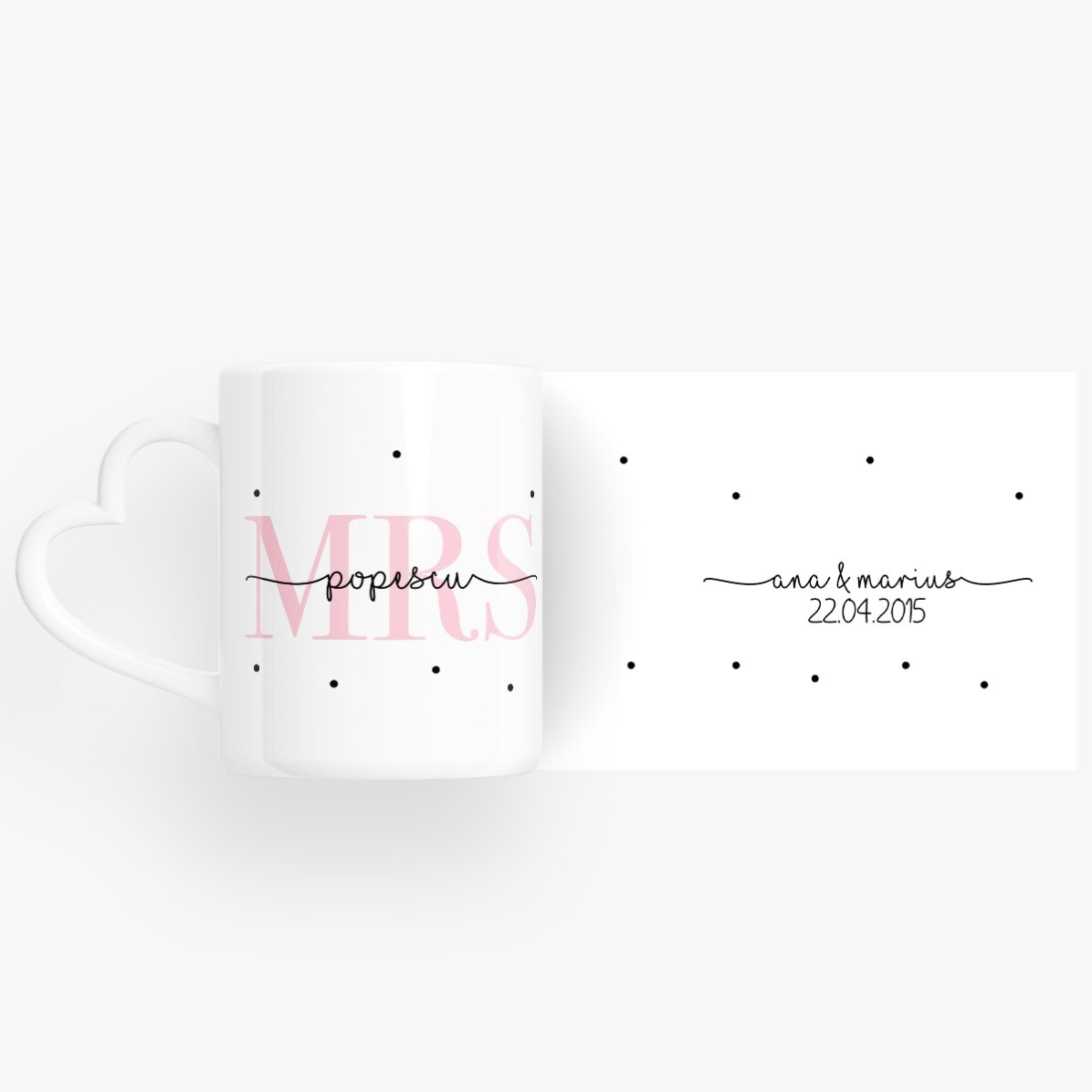 Personalised mugs for couples with text and date - MRS & MR - heart-shaped handle model