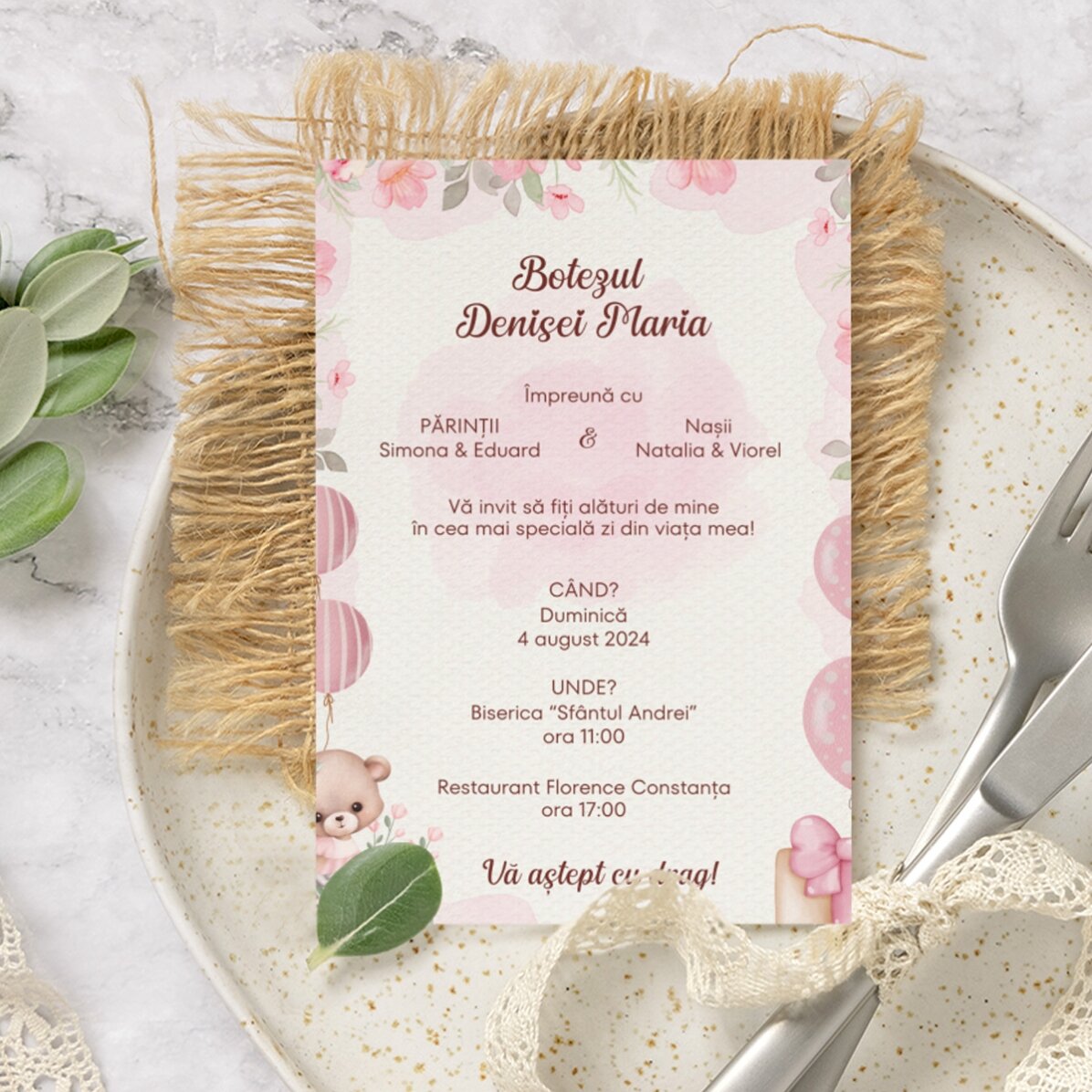 Personalised card with text - christening invitation - Pink