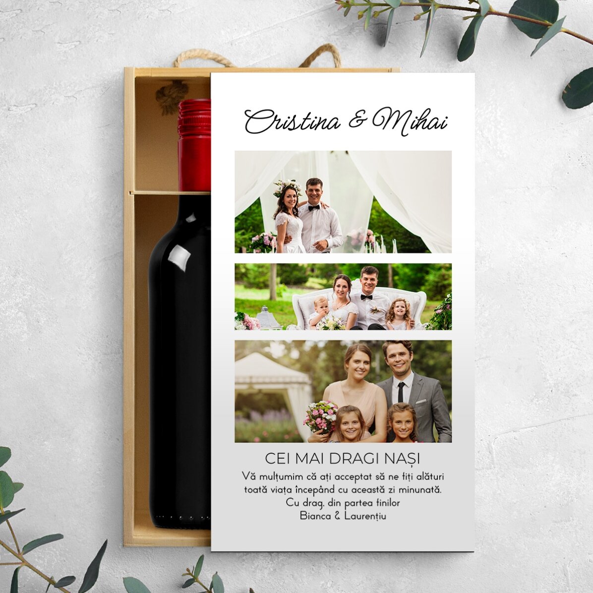 Wine box for 2 bottles, personalised with 3 photos and a message for your loved ones
