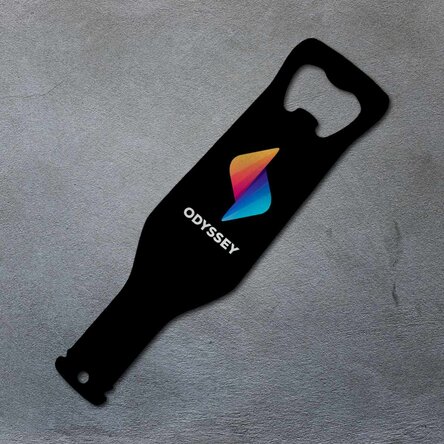Beer opener in the shape of a bottle, personalised with logo - coloured background