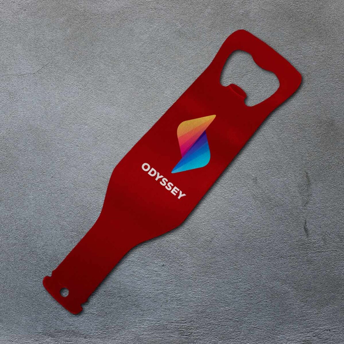 Beer opener in the shape of a bottle, personalised with logo - coloured background