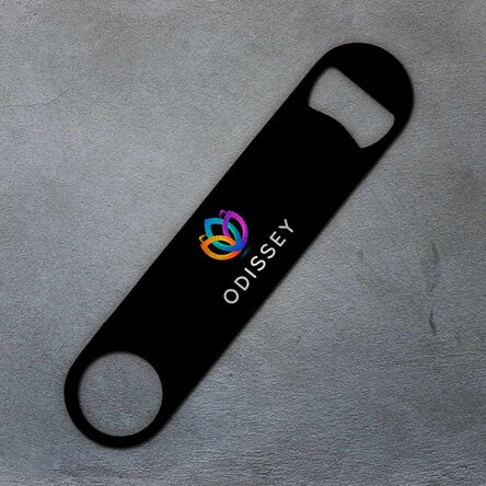 Personalised beer opener with logo on coloured background