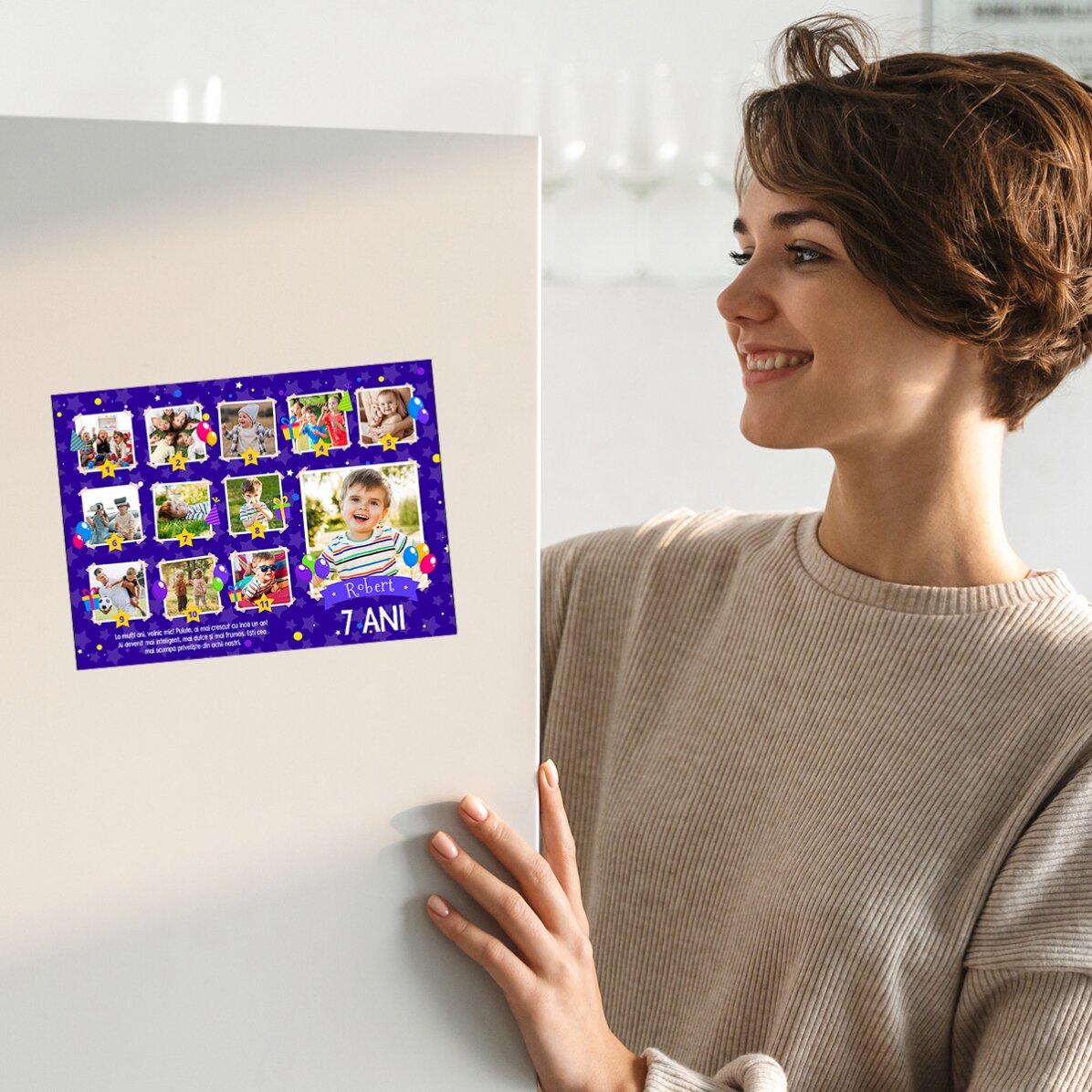 Personalised magnetic greeting card with 12 photos and message for children - Birthday