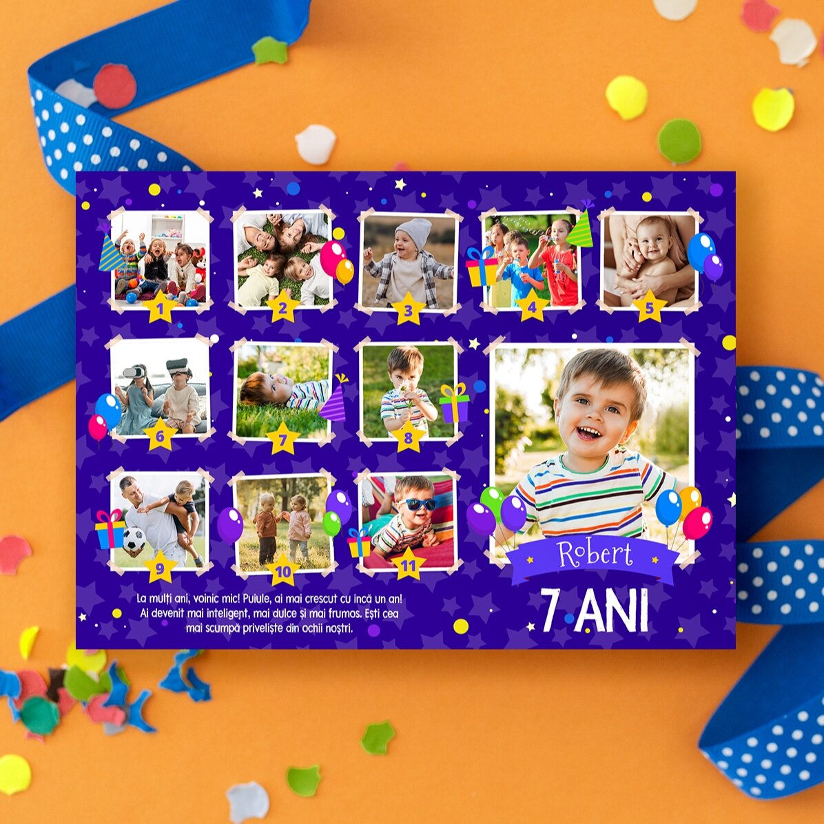 Personalised magnetic greeting card with 12 photos and message for children - Birthday