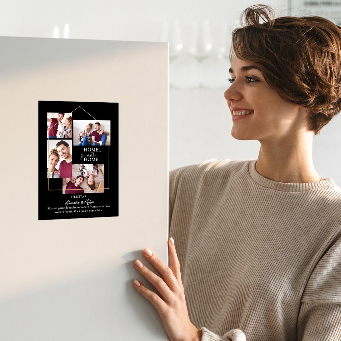 Personalised magnetic greeting card with 4 photos and text for a new home
