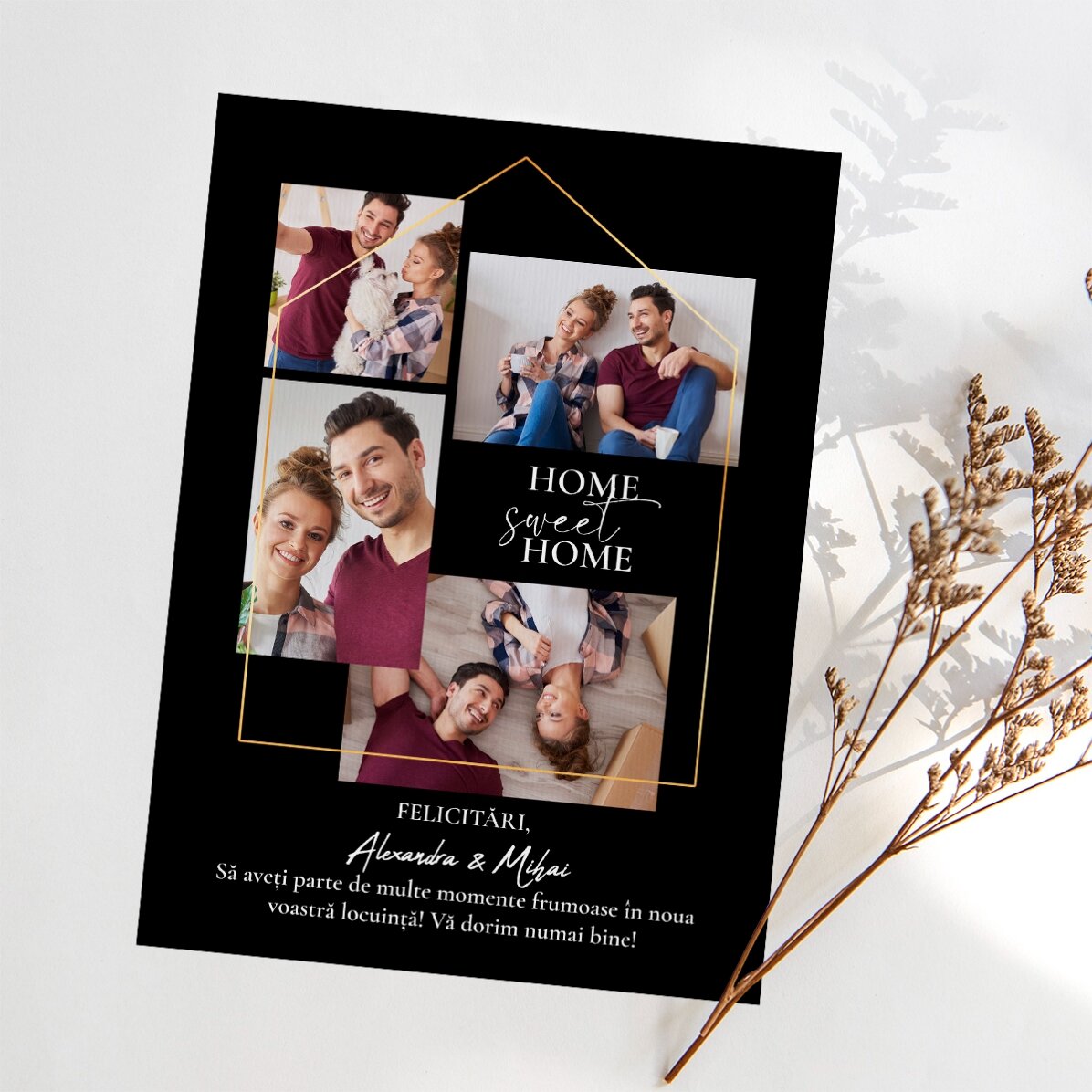 Personalised magnetic greeting card with 4 photos and text for a new home
