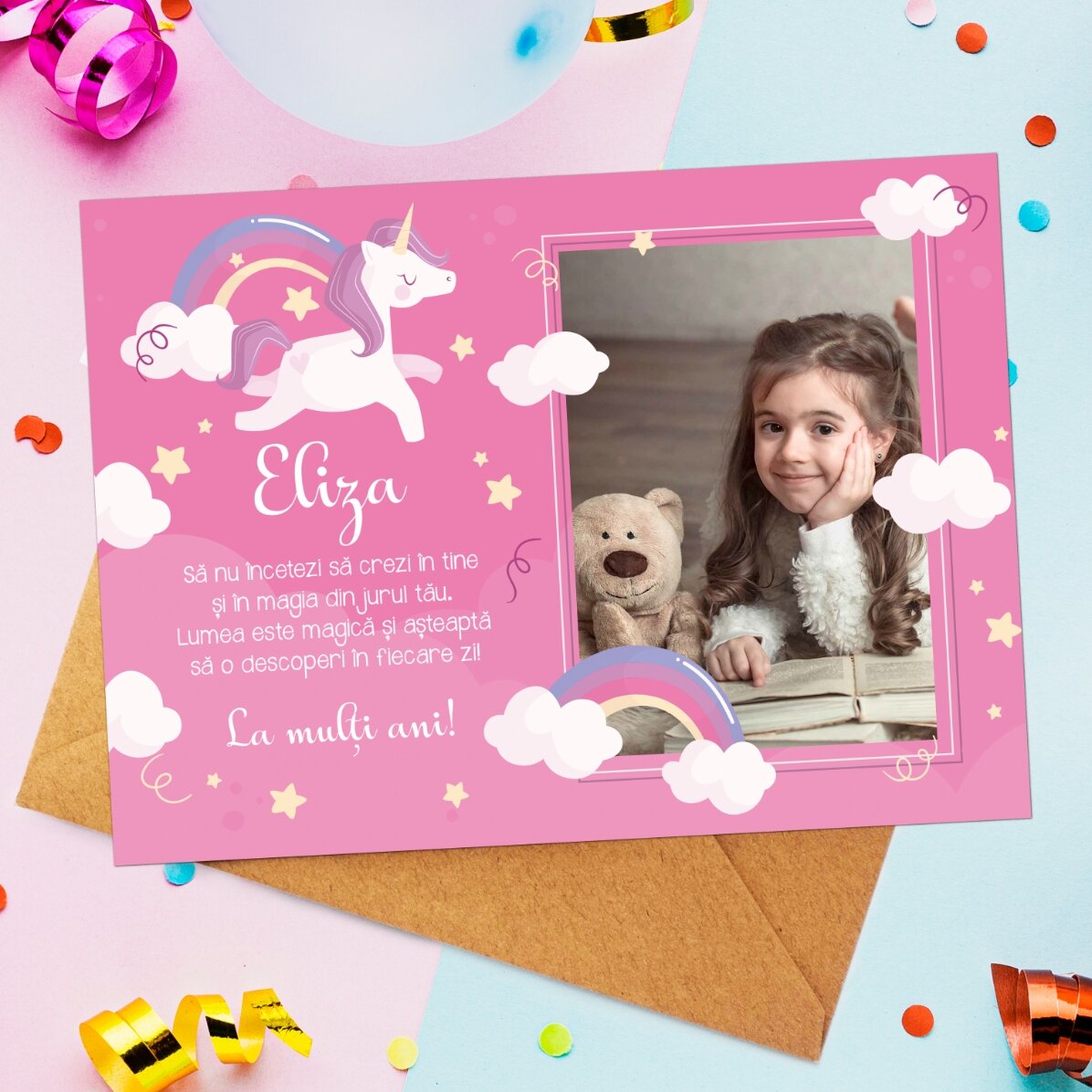 Personalised magnetic card with a photo and message for children - Unicorn