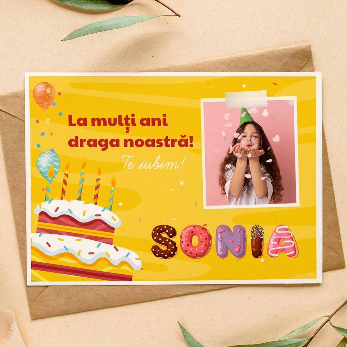 Personalised magnetic greeting card with a photo, text and special name - Birthday