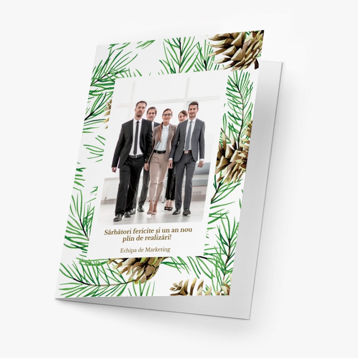 Personalised card with text, photo and logo on the back - Christmas tree cones