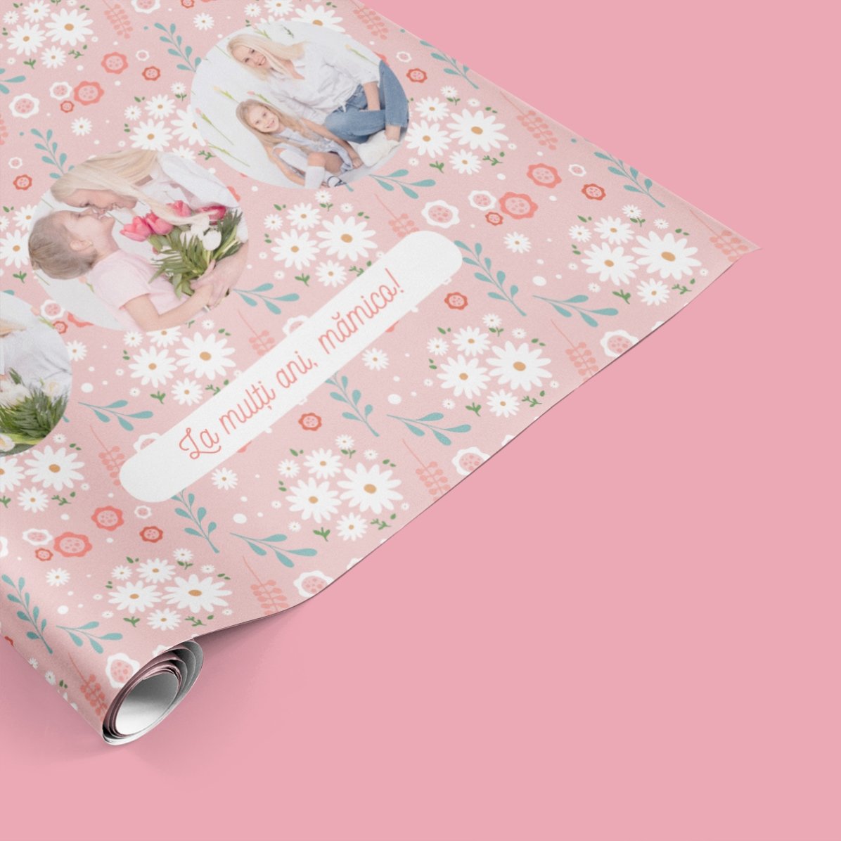 Personalised gift wrapping paper with 3 photos and text - Spring flowers