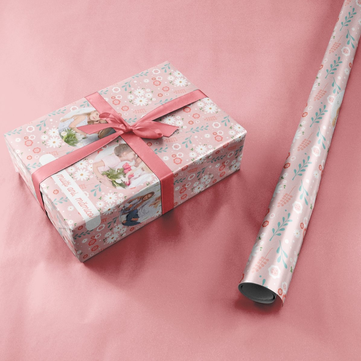 Personalised gift wrapping paper with 3 photos and text - Spring flowers