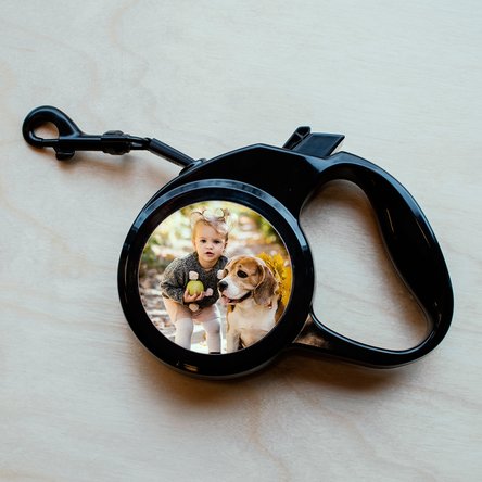 Personalised dog leash with a photo and text