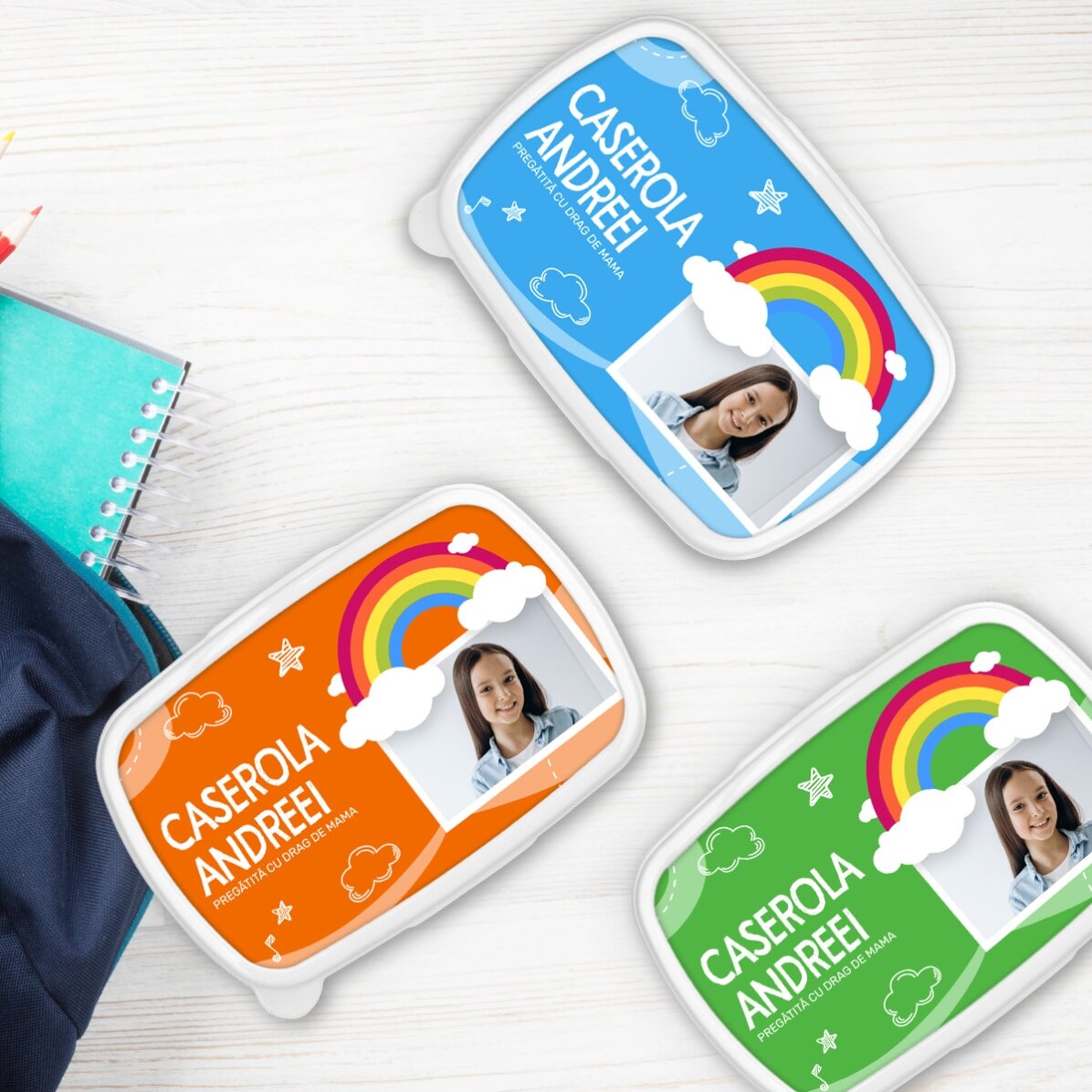 Lunch box, personalised with a photo and name - Rainbow model