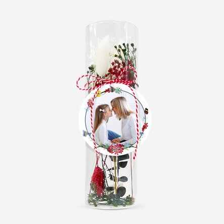 Glass martisor ornament with preserved flowers, personalised with a photo