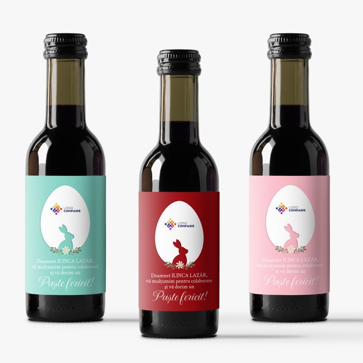 Mini wine bottle personalised with text and logo - Happy Easter