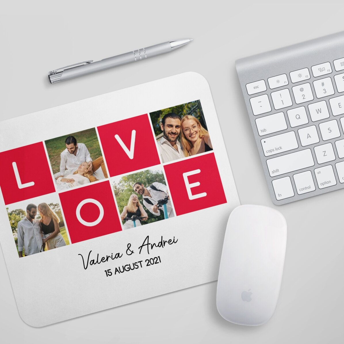Personalised mouse pad with 4 photos and text - LOVE