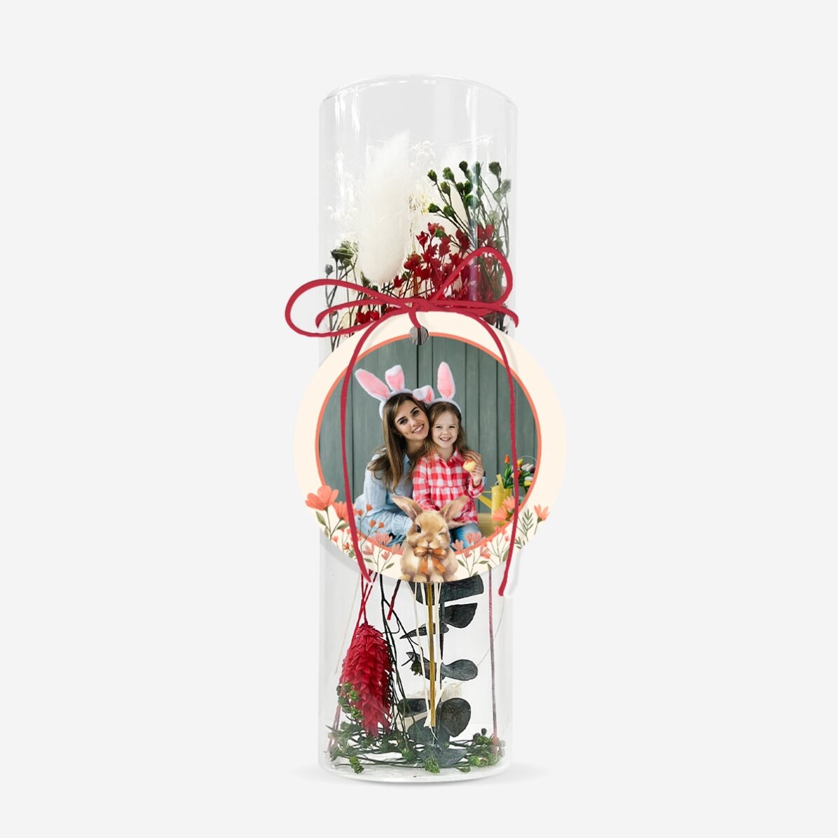 Glass ornament with preserved flowers personalised with a photo - Bunny