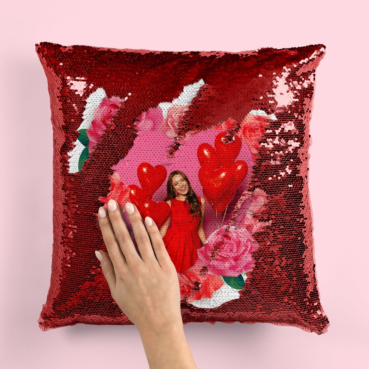 Personalised sequinned cushion with a photo and roses