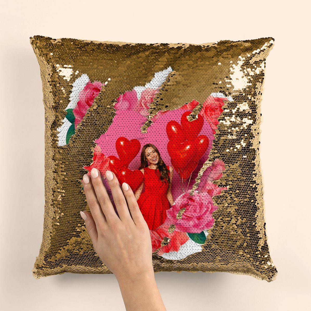 Personalised sequinned cushion with a photo and roses