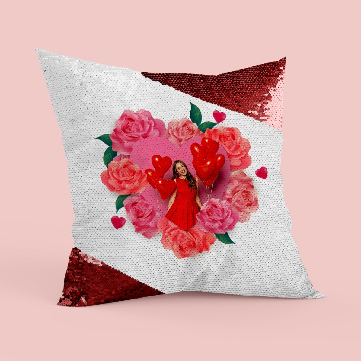 Personalised sequinned cushion with a photo and roses