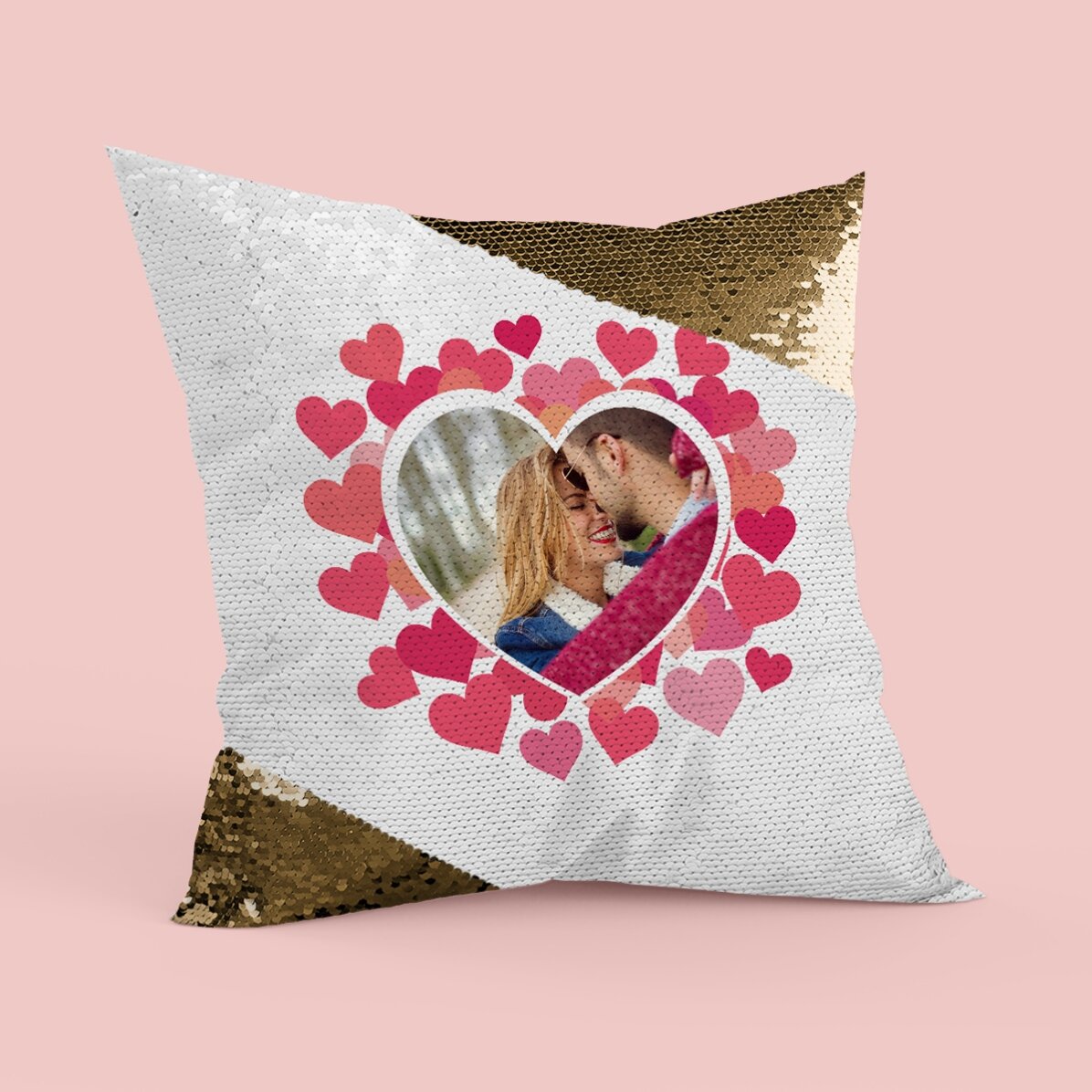 Personalised cushion with a pink heart-shaped photo - Gold sequins