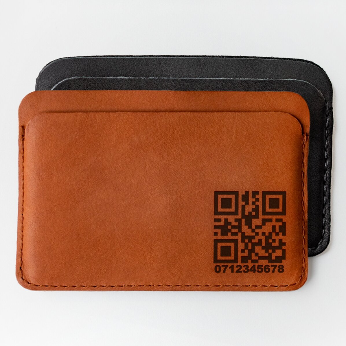 Προσωποποιημένο δερμάτινο πορτοφόλι με QR code και αριθμό τηλεφώνου