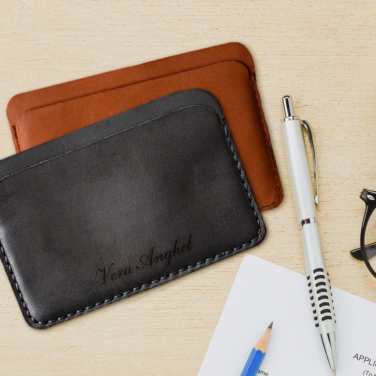 Personalised leather wallet with name in the middle