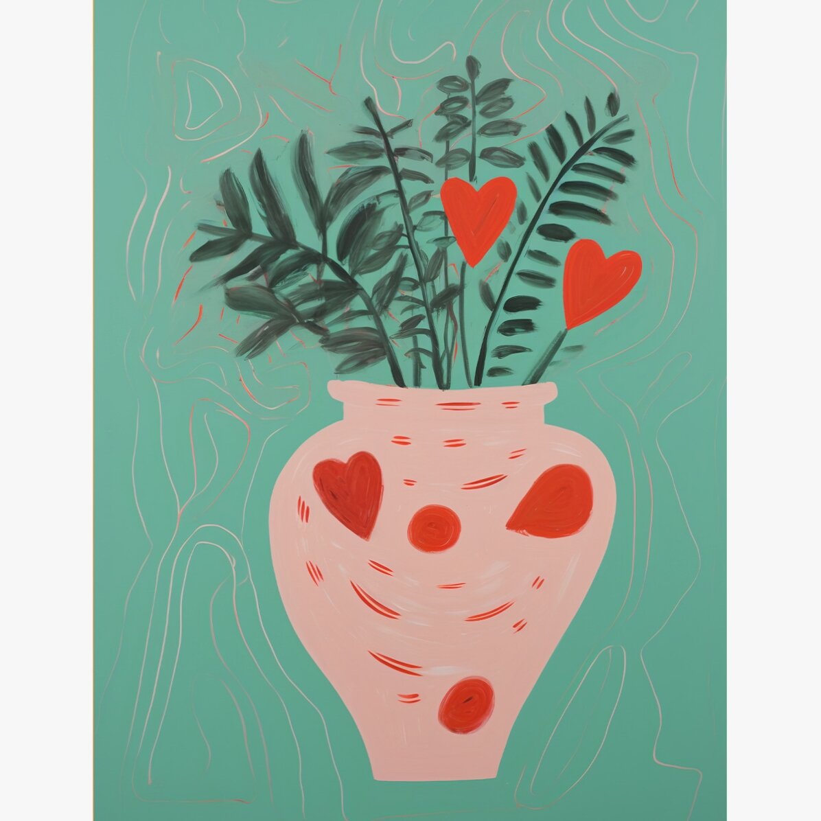 Poster Illustration of potted plants and drawn hearts