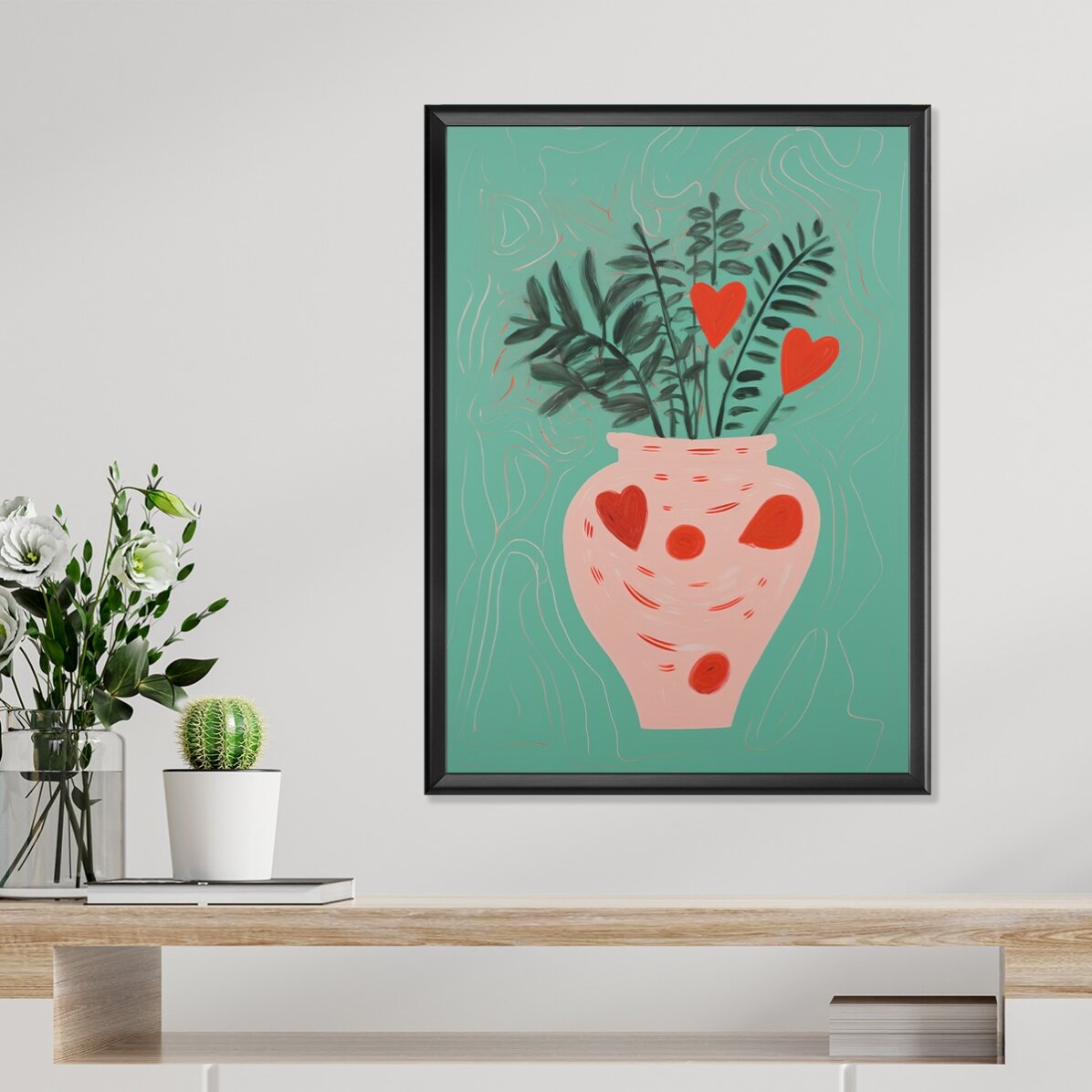 Poster Illustration of potted plants and drawn hearts