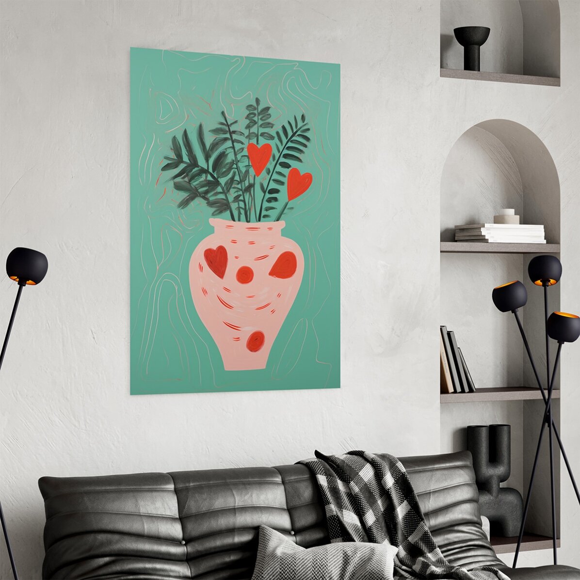 Poster Illustration of potted plants and drawn hearts