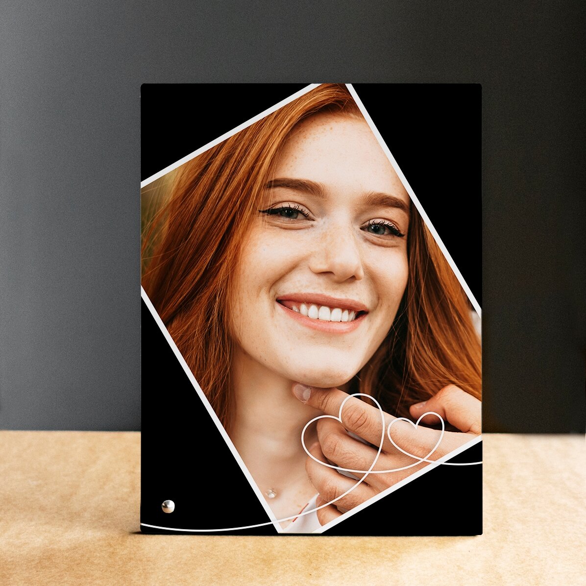 Personalised desk photo frame with a photo and heart