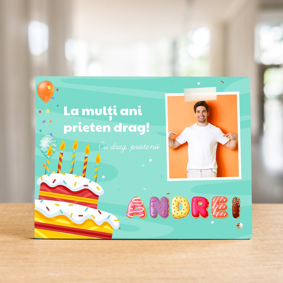 Personalised desk photo frame with a photo, text and special name - Birthday
