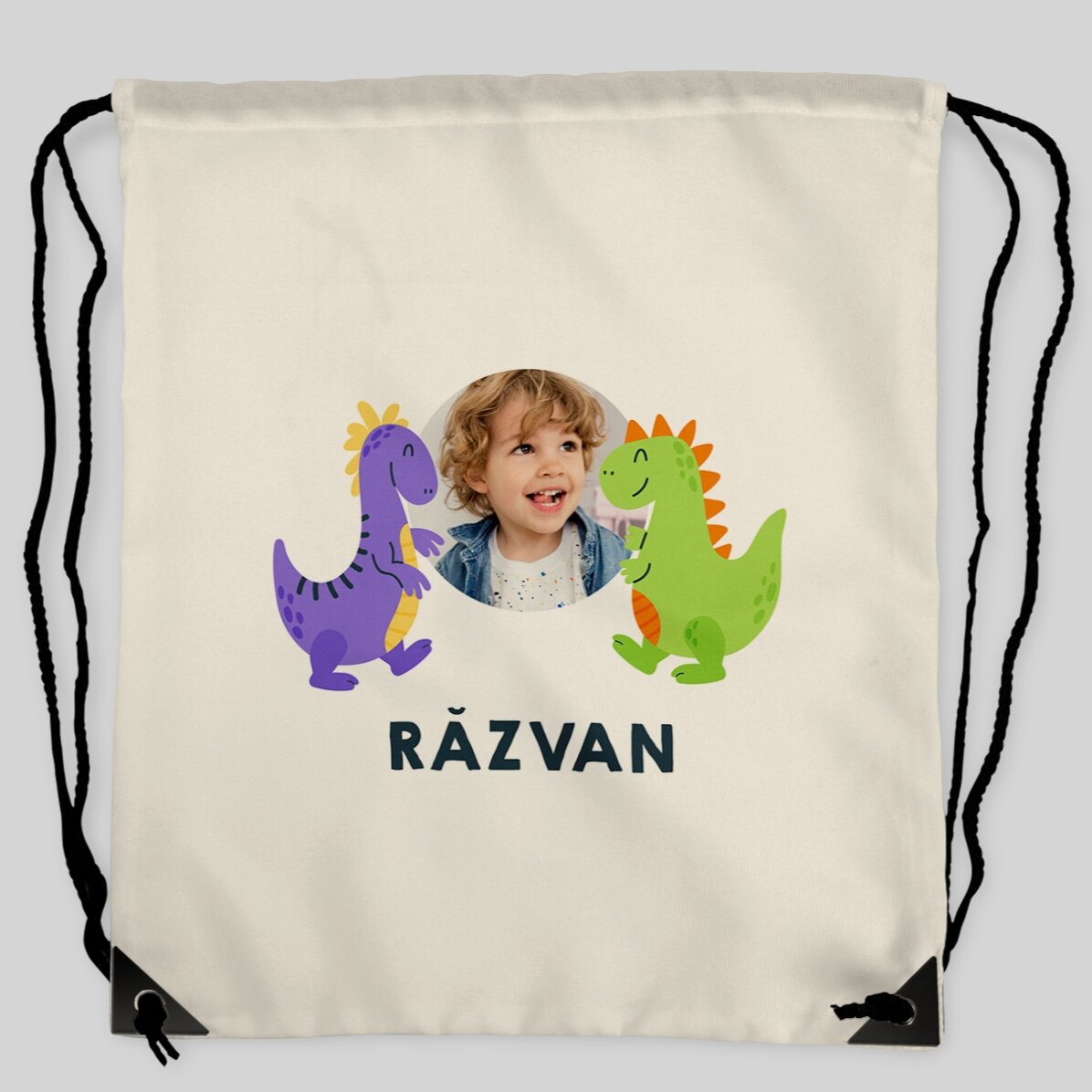 Personalised backpack with a photo and text - Happy dinosaurs