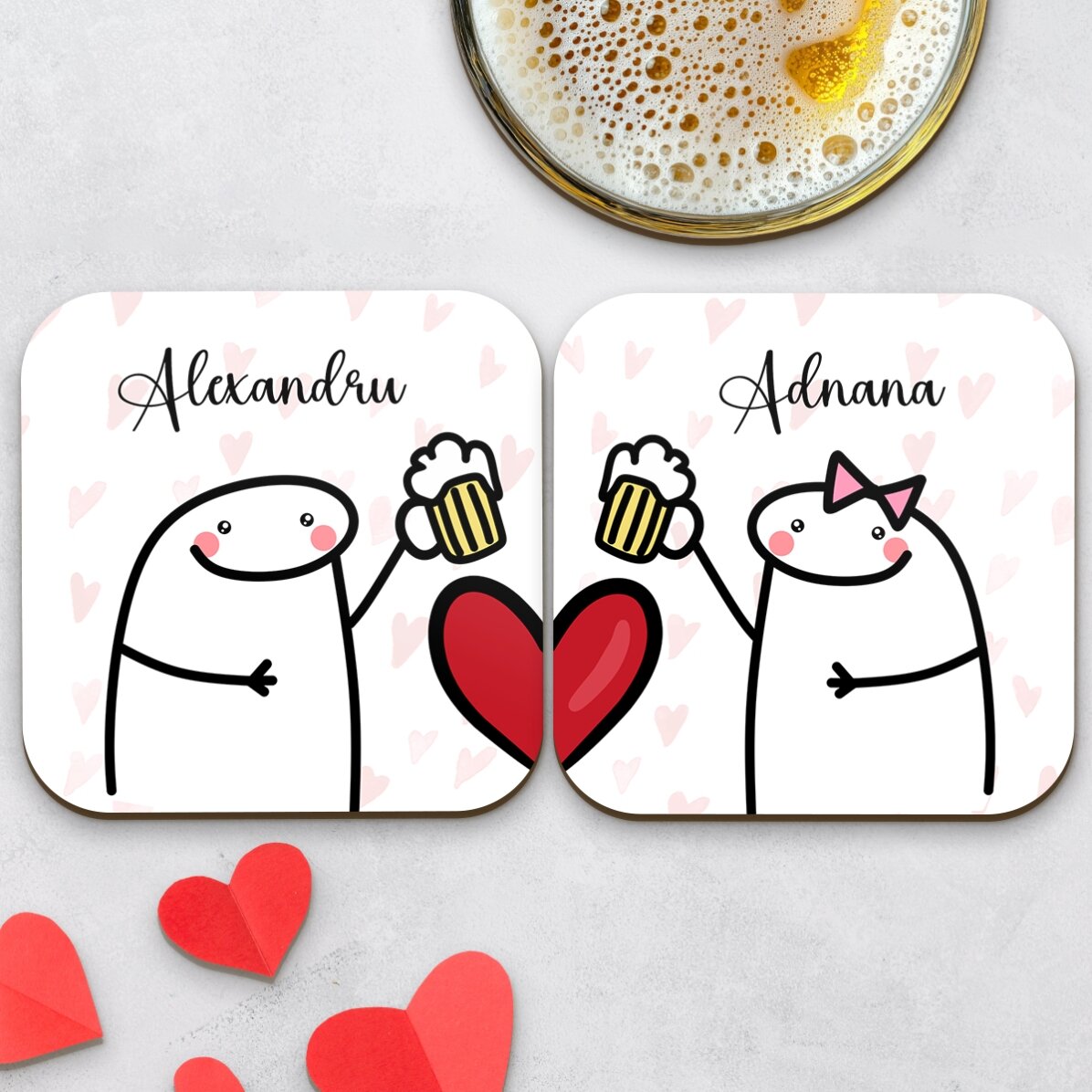 Set of 2 personalised coasters with text - Cute love